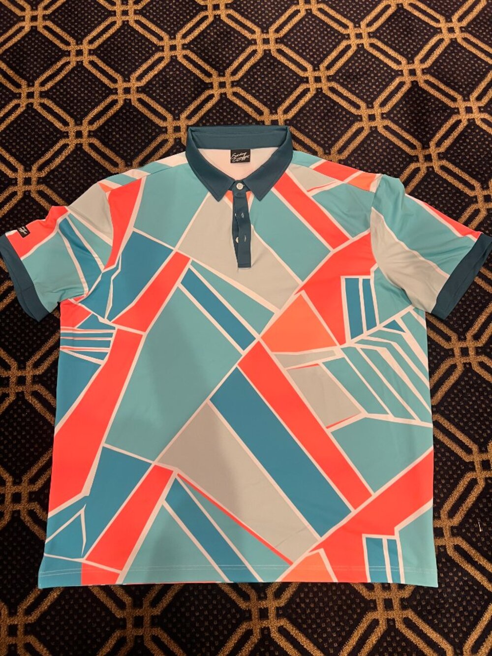 Sunday Swagger Men’s 2XL Golf Polo Teal Coral Geometric Performance Shirt
